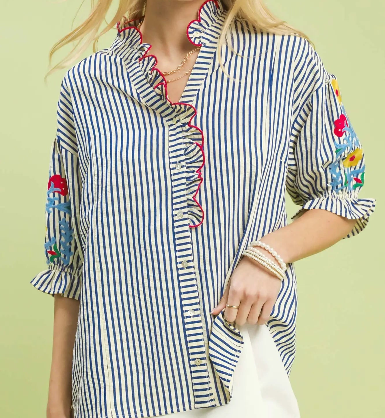 Umgee Blue Embroidered Ruffle Trim Stripe Blouse