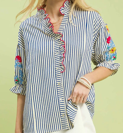 Umgee Blue Embroidered Ruffle Trim Stripe Blouse