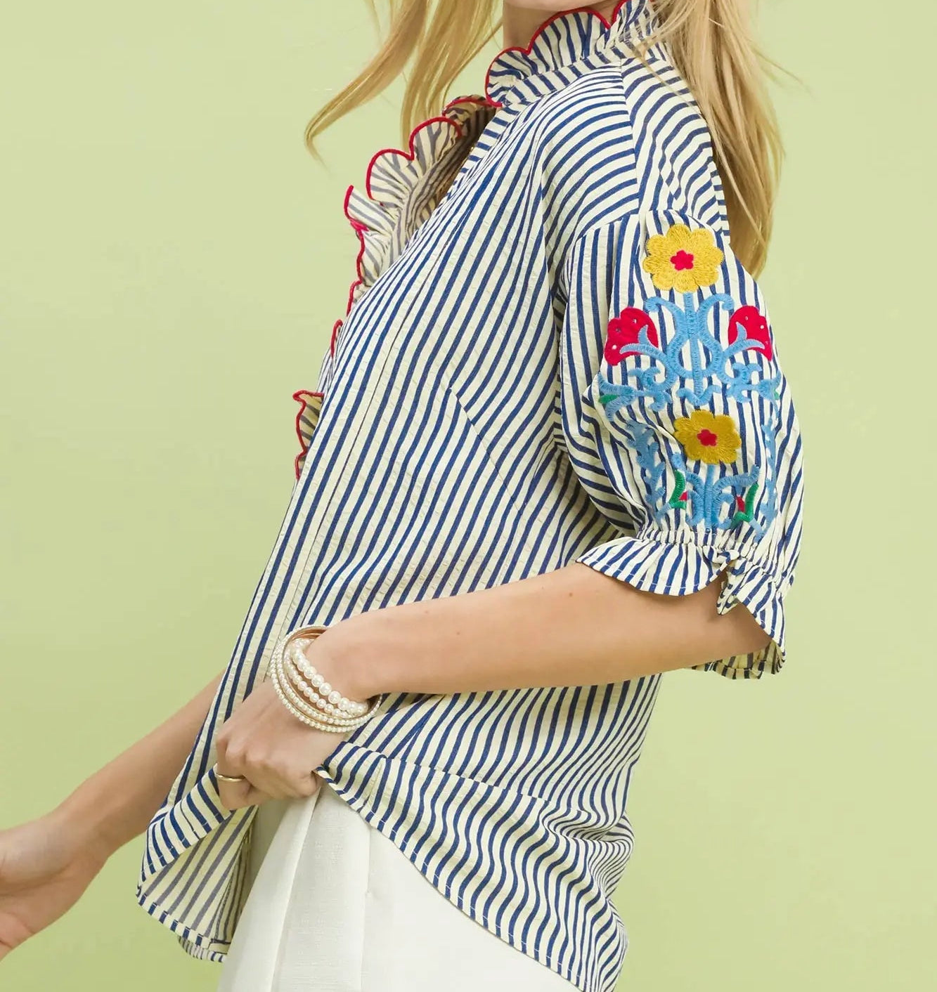 Umgee Blue Embroidered Ruffle Trim Stripe Blouse