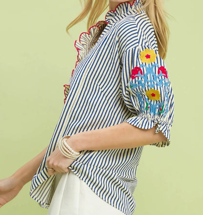 Umgee Blue Embroidered Ruffle Trim Stripe Blouse