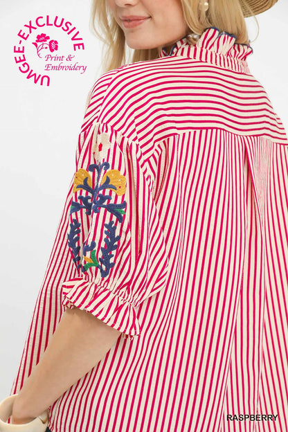 Umgee Raspberry Embroidered Ruffle Trim Stripe Blouse