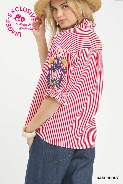 Umgee Raspberry Embroidered Ruffle Trim Stripe Blouse