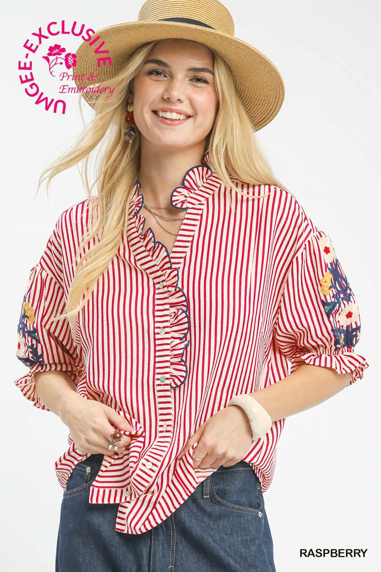 Umgee Raspberry Embroidered Ruffle Trim Stripe Blouse