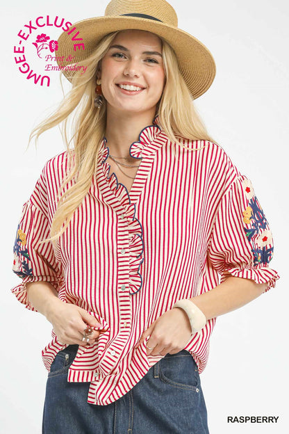Umgee Raspberry Embroidered Ruffle Trim Stripe Blouse