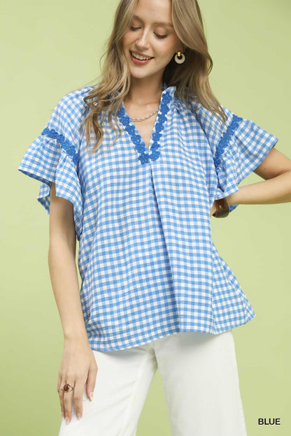 Umgee Blue Gingham Lace Trim Top