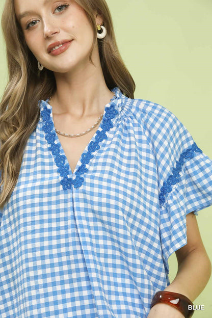 Umgee Blue Gingham Lace Trim Top