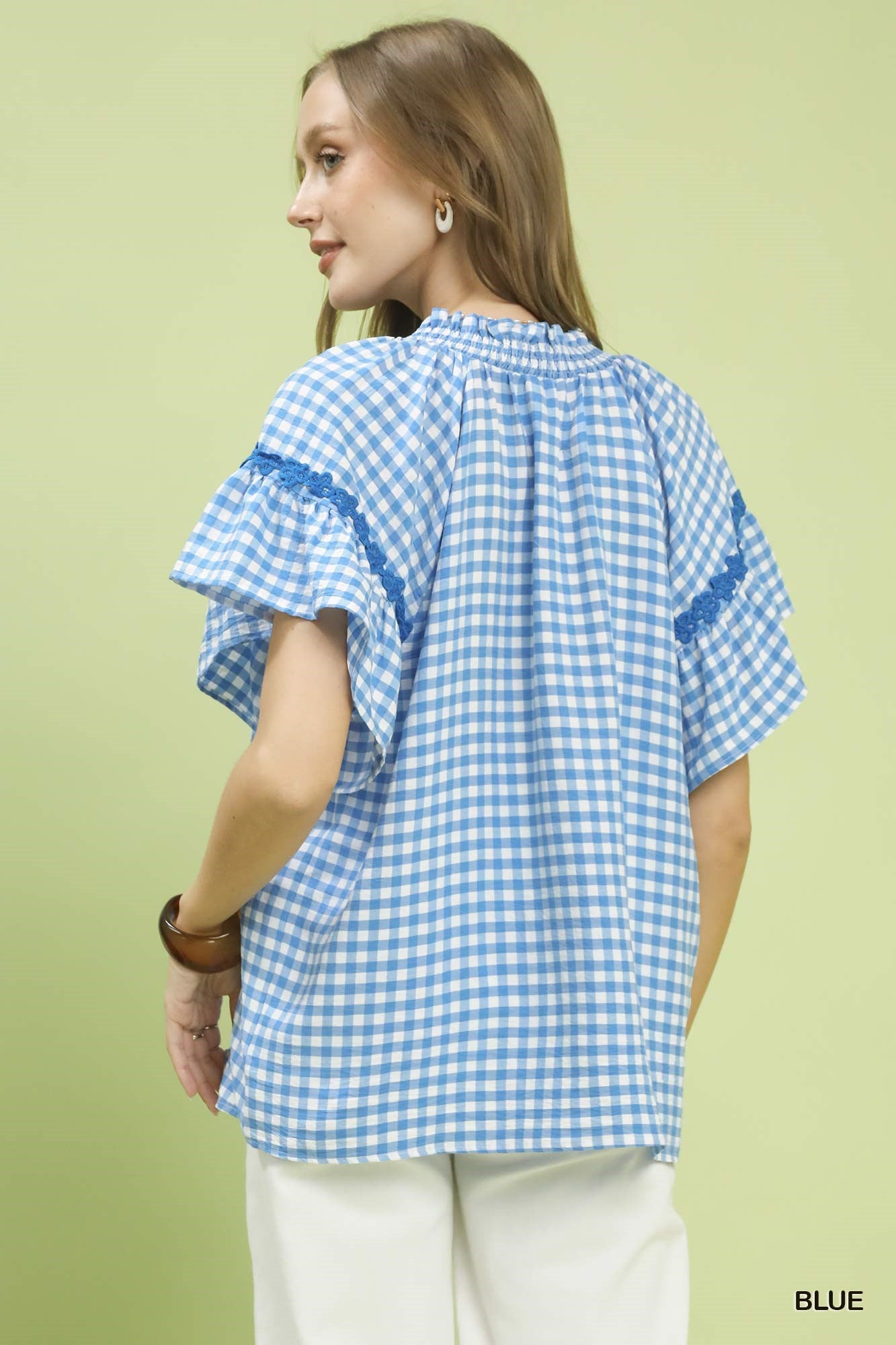 Umgee Blue Gingham Lace Trim Top