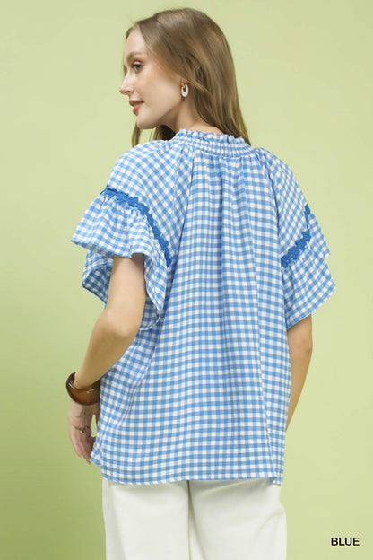 Umgee Blue Gingham Lace Trim Top