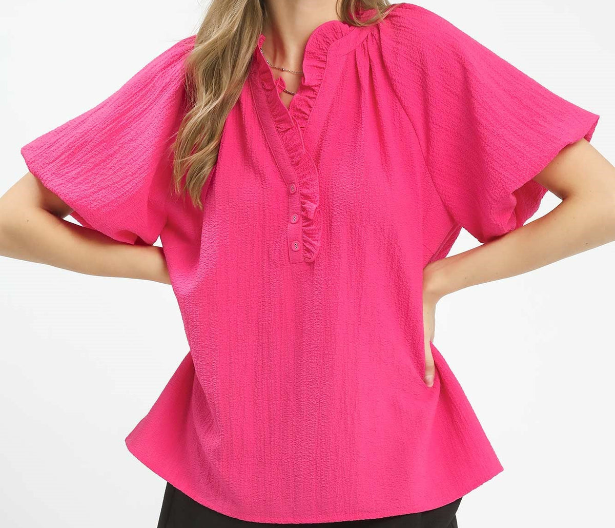 Umgee Fuschia Ruffle Neck Tunic Top