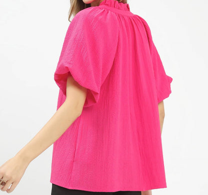 Umgee Fuschia Ruffle Neck Tunic Top