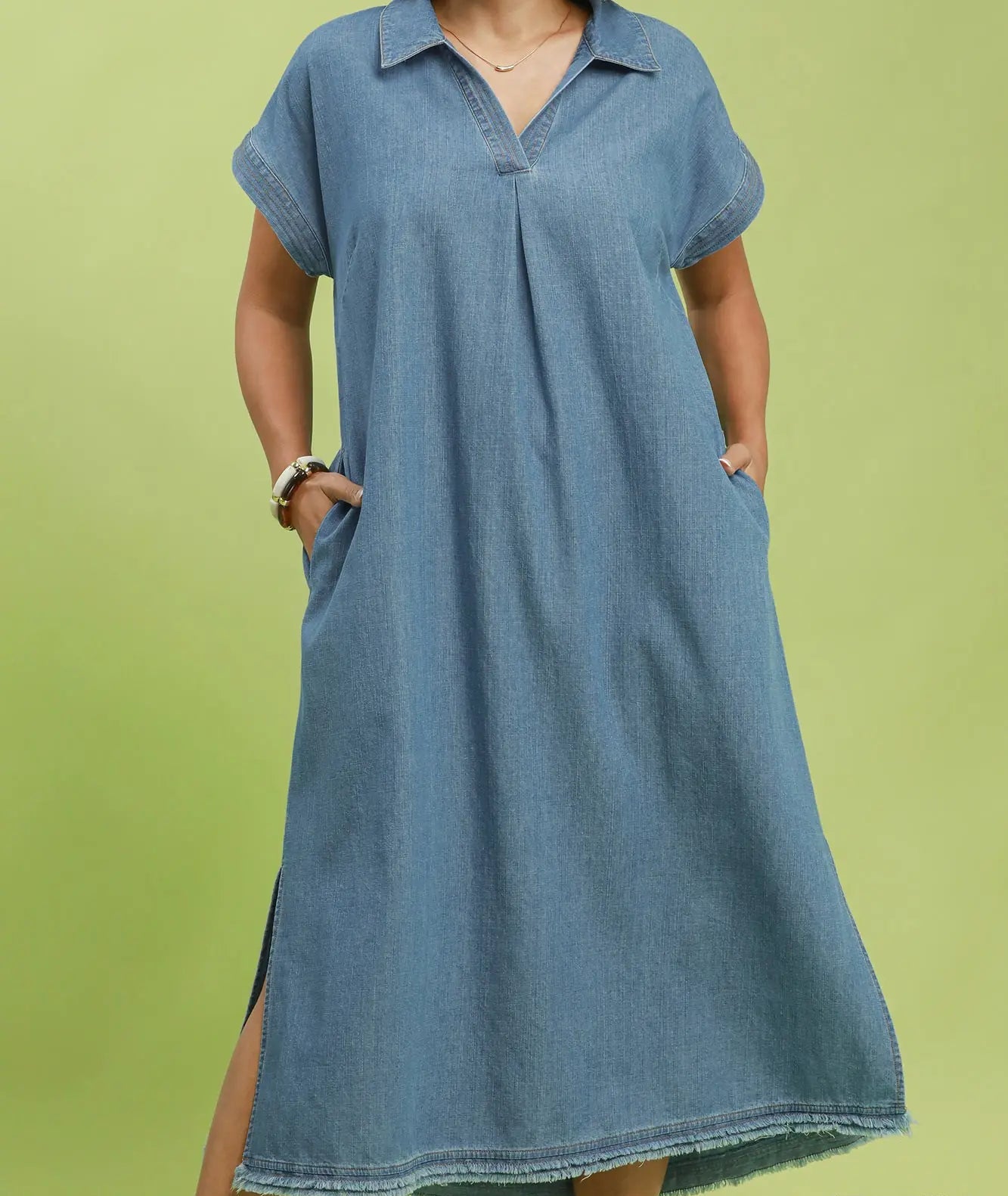 Umgee Plus Size Stone Washed Collared Denim Midi Dress