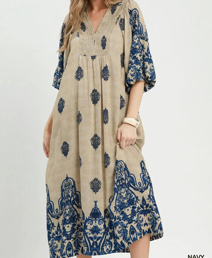 Umgee Navy Border Print Smocked Detail Midi Dress