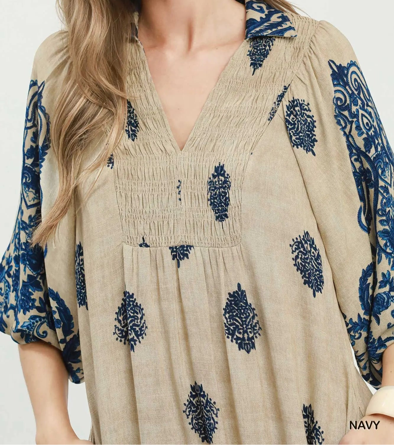 Umgee Navy Border Print Smocked Detail Midi Dress