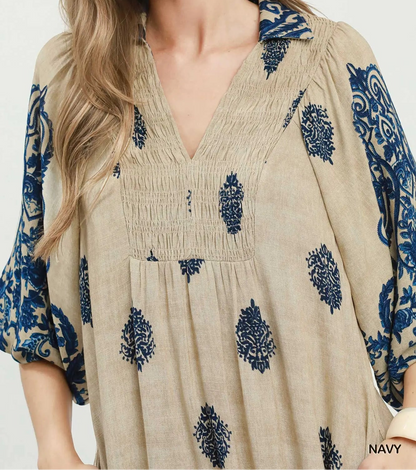 Umgee Navy Border Print Smocked Detail Midi Dress