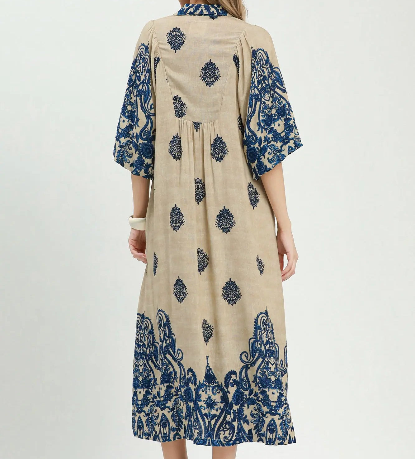 Umgee Navy Border Print Smocked Detail Midi Dress