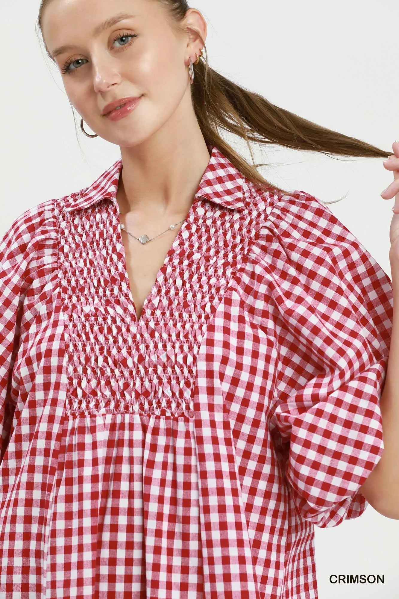 Umgee Crimson Puff Sleeve Plaid Midi Dress