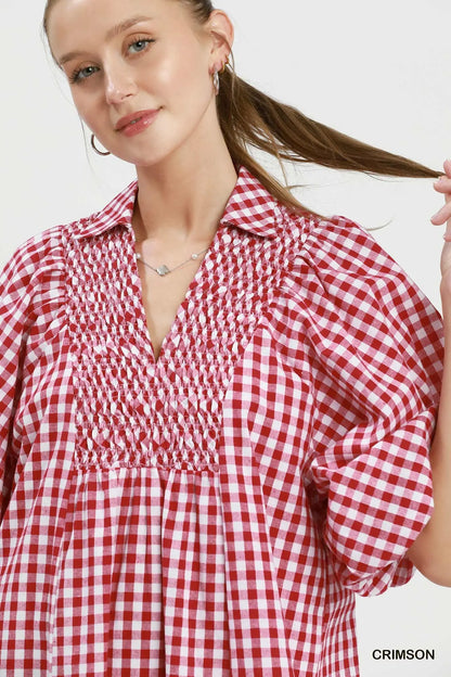 Umgee Crimson Puff Sleeve Plaid Midi Dress