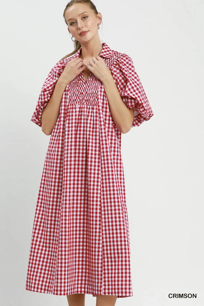 Umgee Crimson Puff Sleeve Plaid Midi Dress