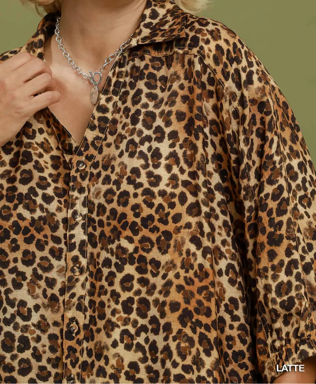 Umgee Plus Size Latte Brown Leopard Print Collared Peplum Button Detail Top
