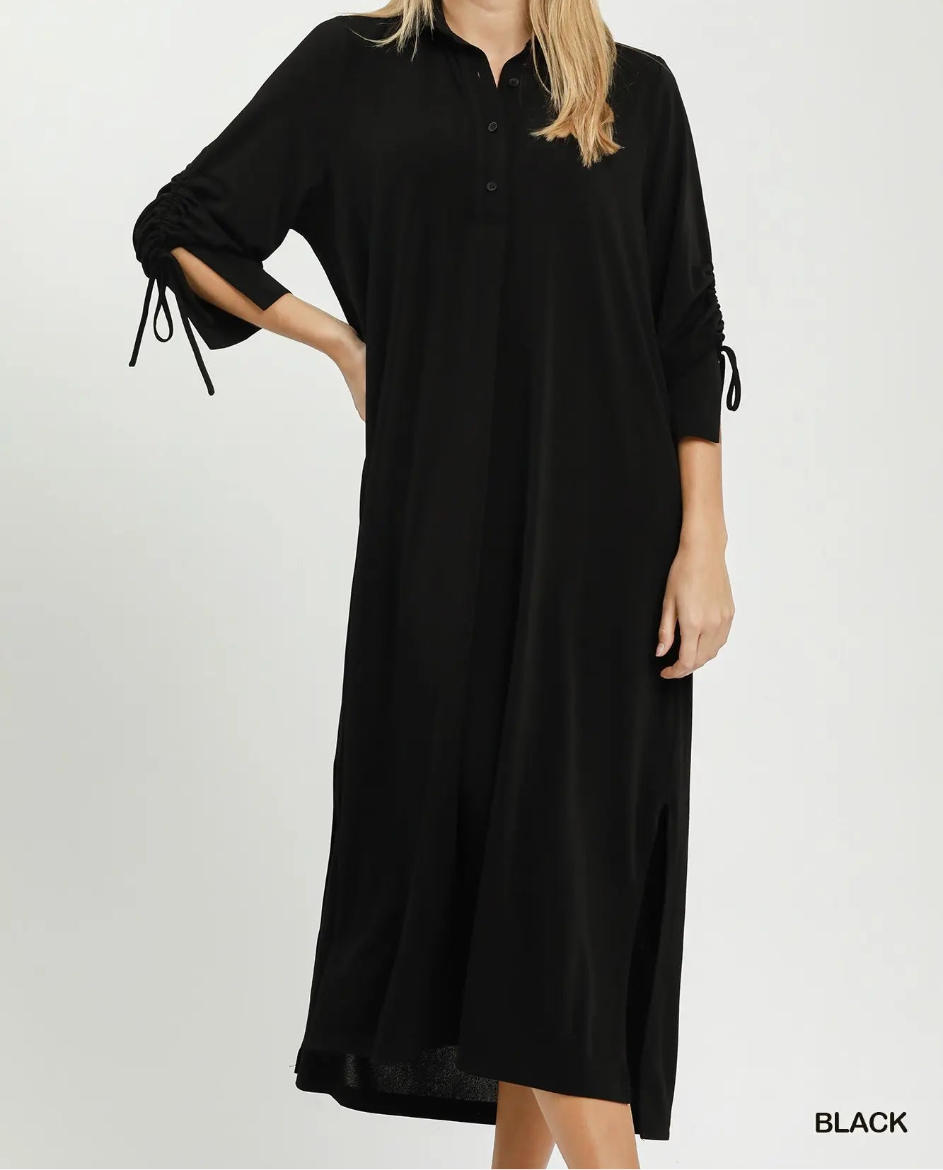 Umgee Black Ruched Sleeve Button Front Midi Dress