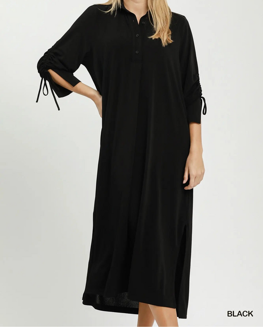 Umgee Black Ruched Sleeve Button Front Midi Dress