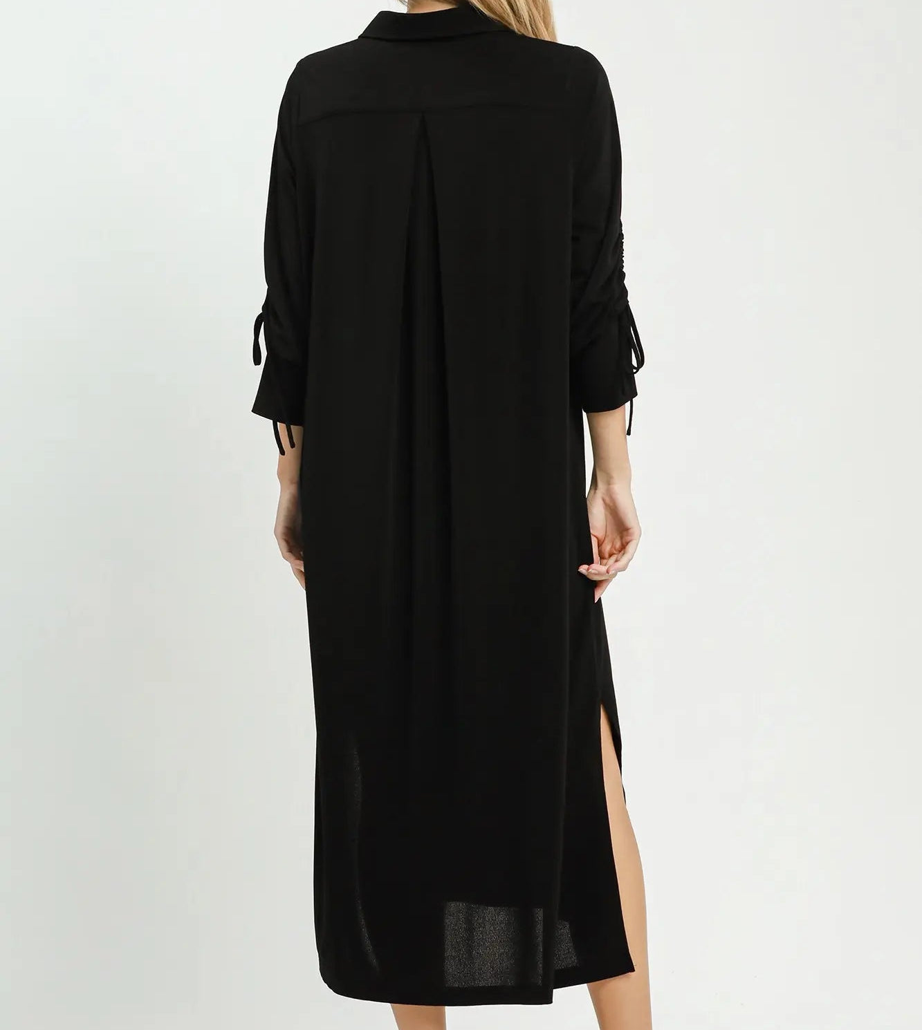 Umgee Black Ruched Sleeve Button Front Midi Dress