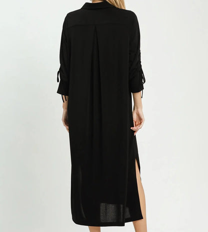 Umgee Black Ruched Sleeve Button Front Midi Dress
