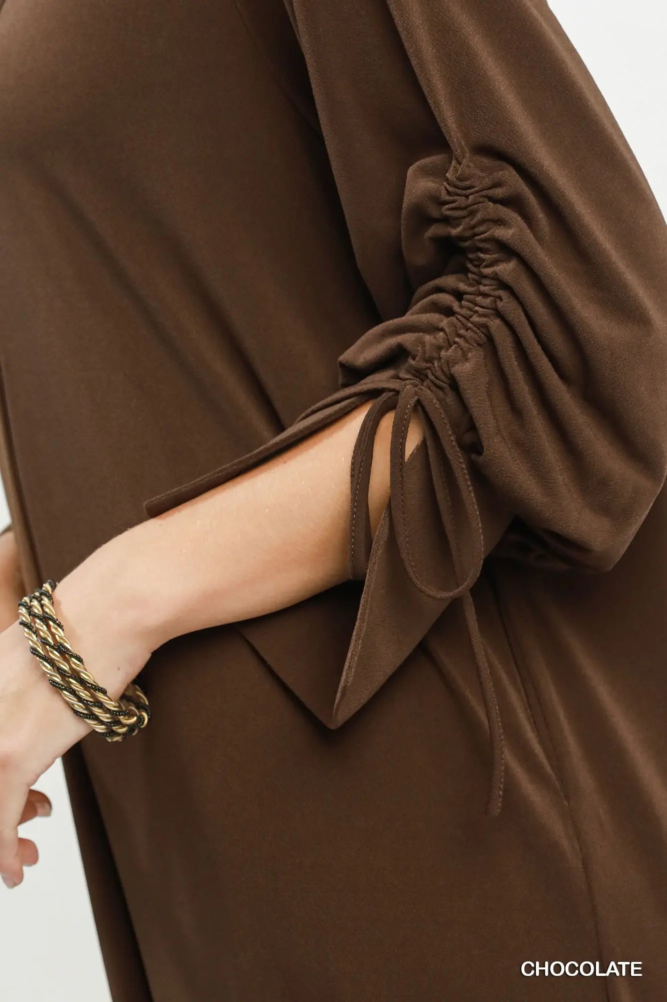 Umgee Chocolate Ruched Sleeve Button Front Midi Dress