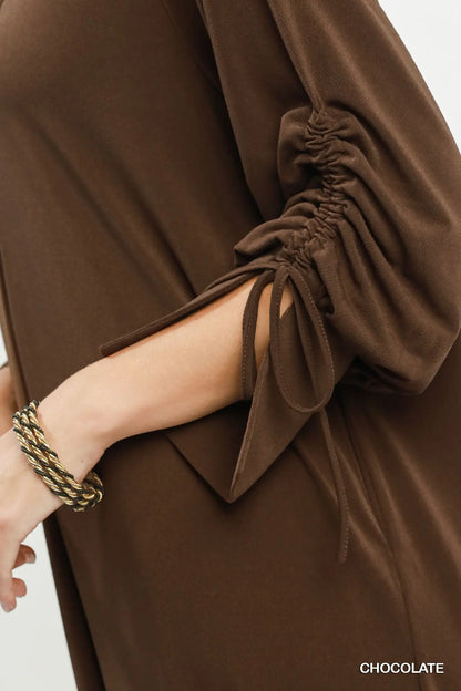 Umgee Chocolate Ruched Sleeve Button Front Midi Dress