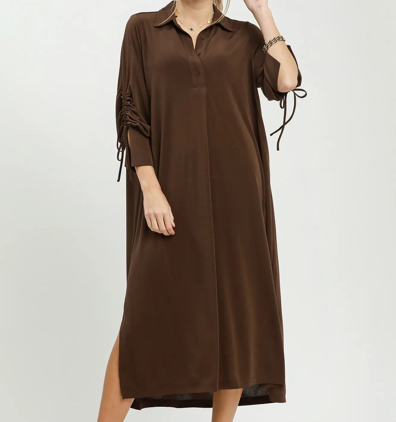 Umgee Chocolate Ruched Sleeve Button Front Midi Dress