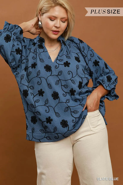 Umgee Plus Size Slate Blue Texture Fabric Floral Embroidered Top