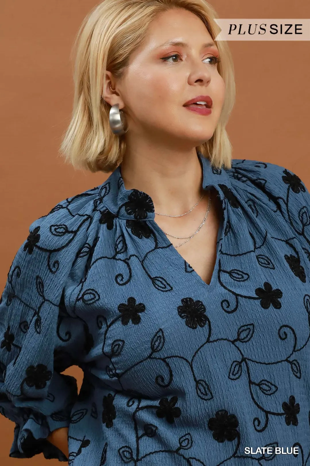 Umgee Plus Size Slate Blue Texture Fabric Floral Embroidered Top