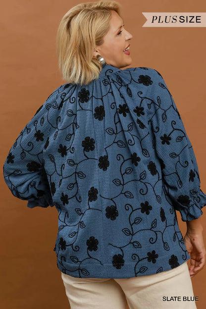 Umgee Plus Size Slate Blue Texture Fabric Floral Embroidered Top