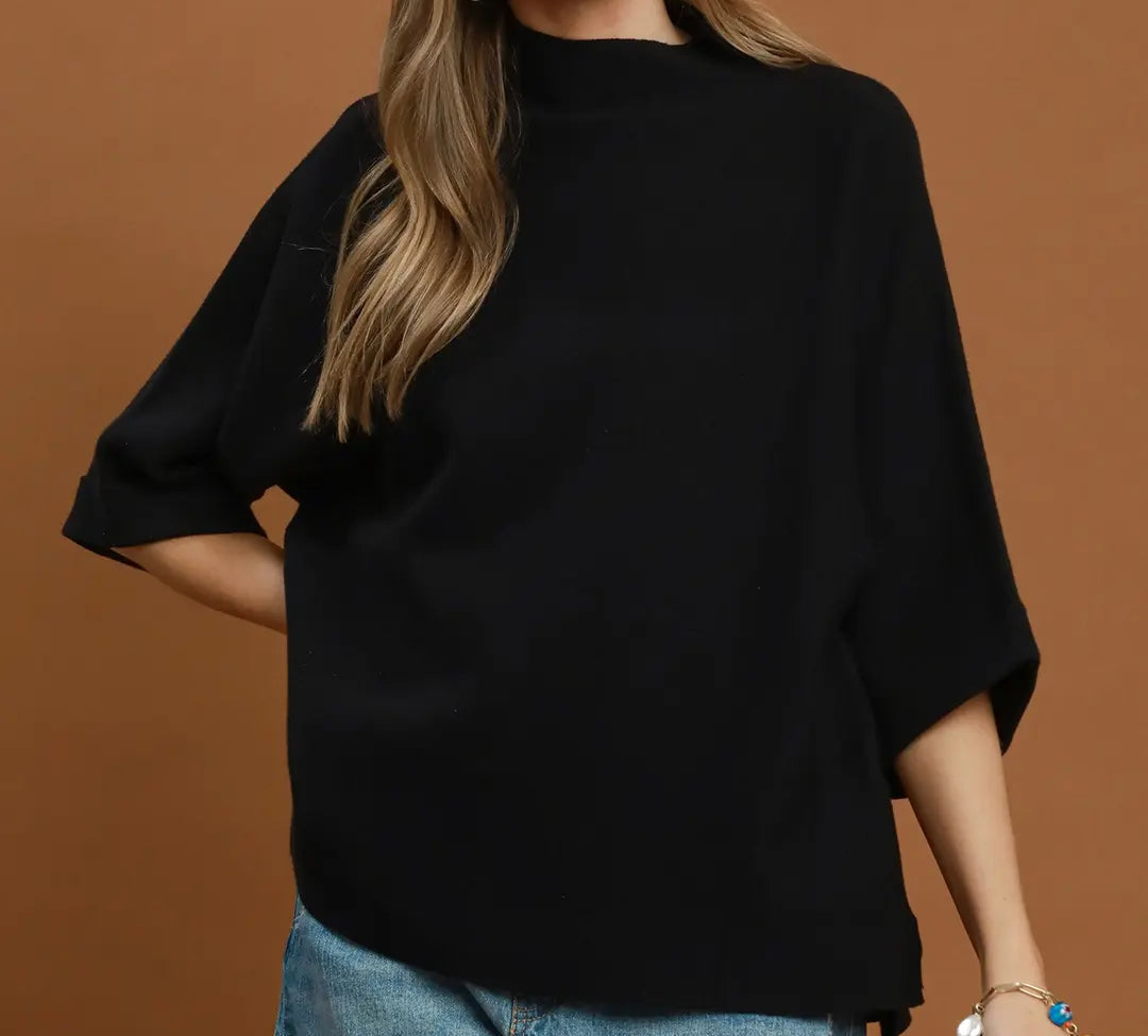 Umgee Plus Size Black Mock Neck Dolman Sleeve Sweater Top