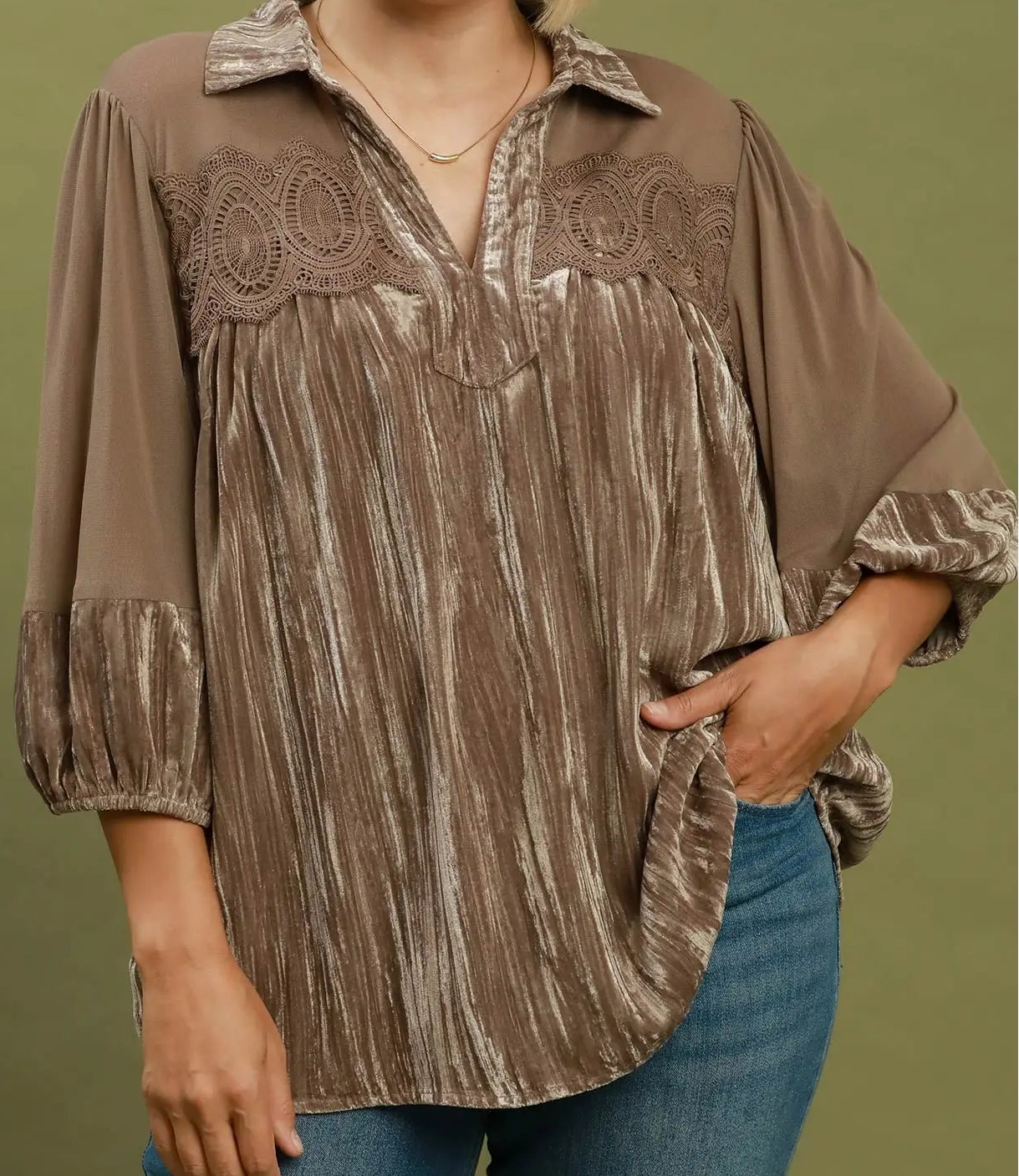 Umgee Plus Size Latte Brown Velvet Lace Detail Mixed Fabric Blouse
