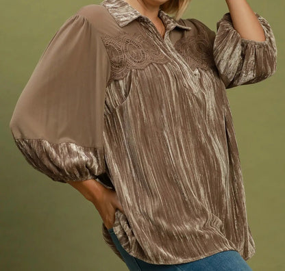 Umgee Plus Size Latte Brown Velvet Lace Detail Mixed Fabric Blouse