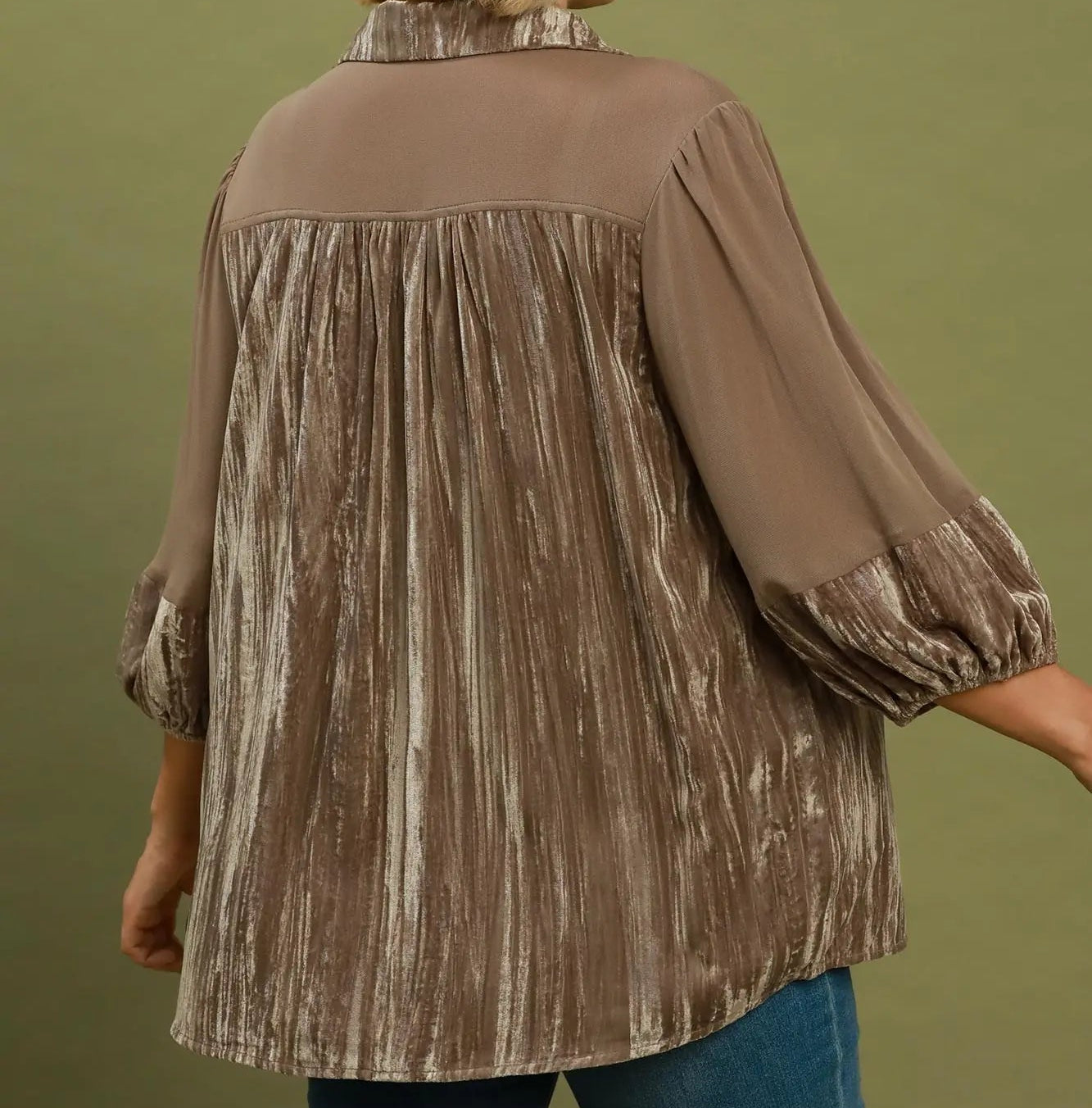 Umgee Plus Size Latte Brown Velvet Lace Detail Mixed Fabric Blouse