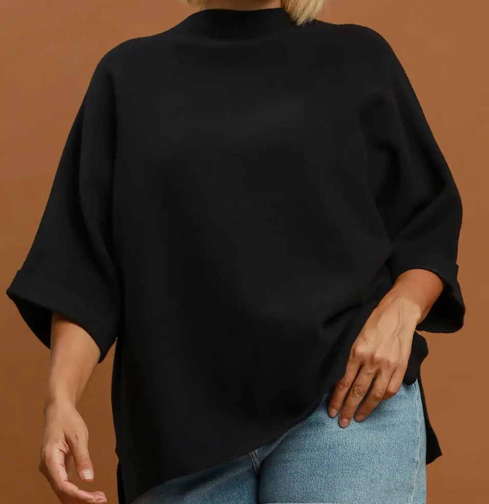 Umgee Plus Size Black Mock Neck Dolman Sleeve Sweater Top
