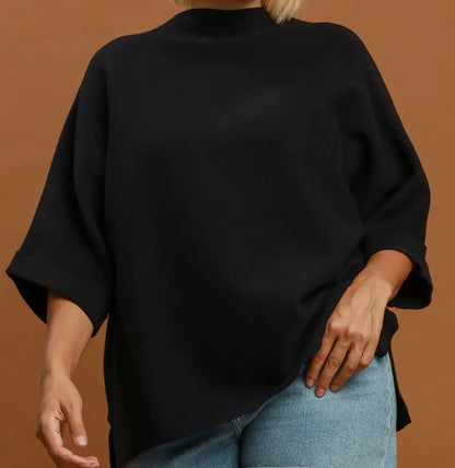 Umgee Plus Size Black Mock Neck Dolman Sleeve Sweater Top