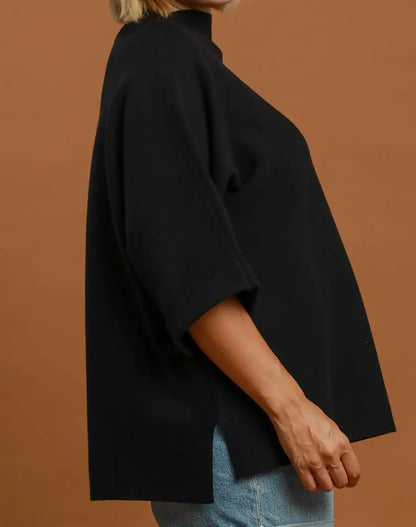 Umgee Plus Size Black Mock Neck Dolman Sleeve Sweater Top