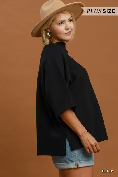 Umgee Plus Size Black Mock Neck Dolman Sleeve Sweater Top