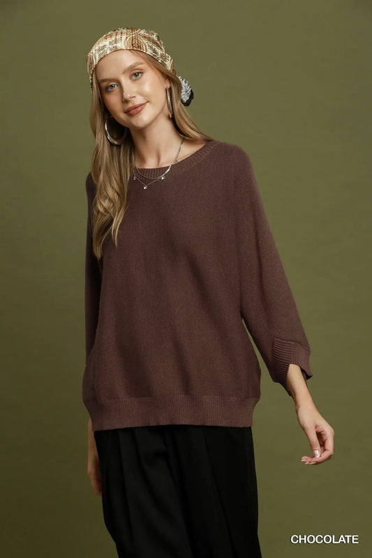 Umgee Chocolate Knit Dolman Sleeve Sweater