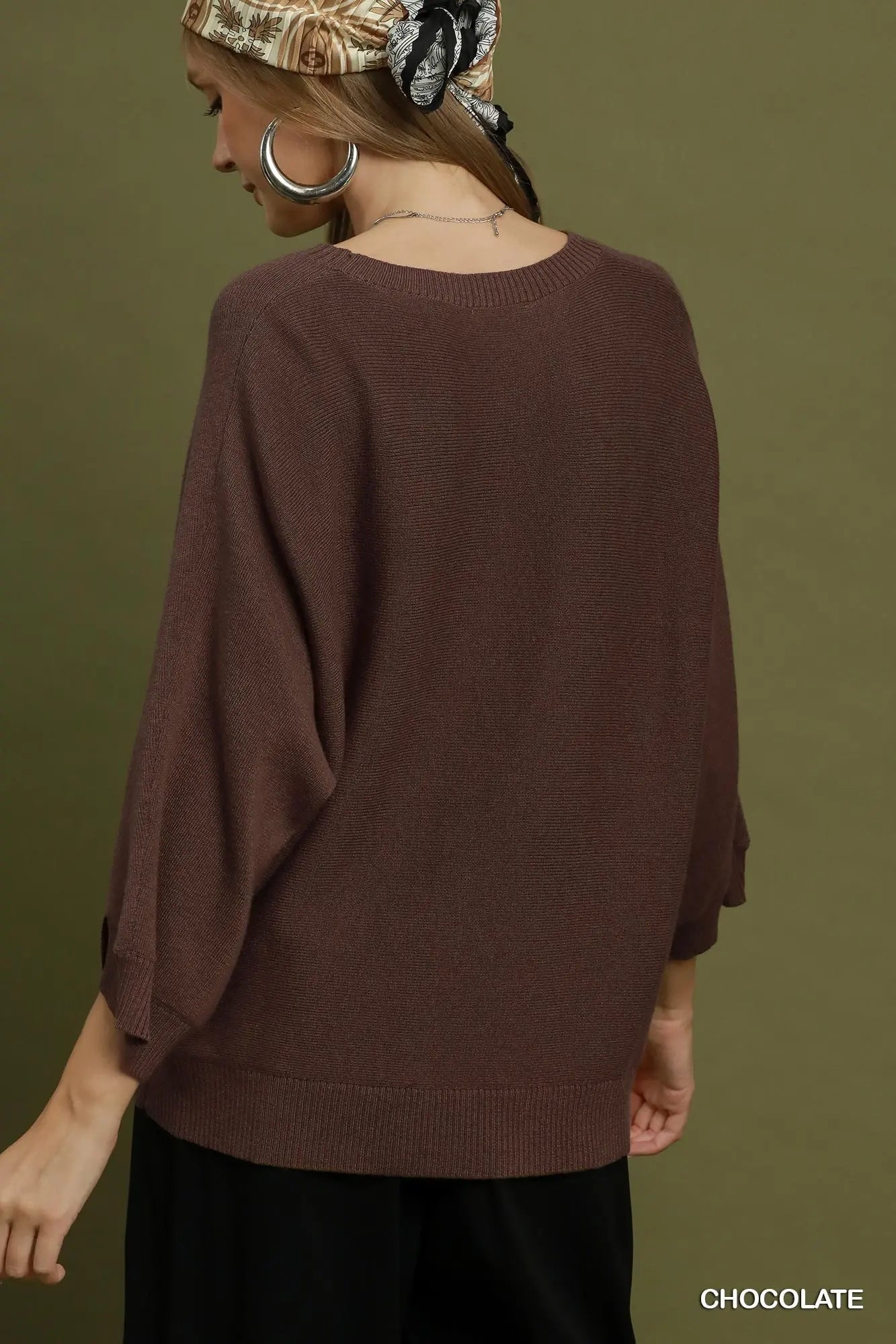 Umgee Chocolate Knit Dolman Sleeve Sweater