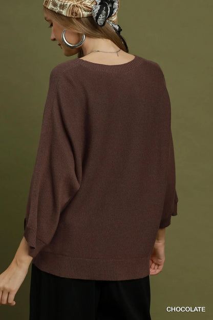 Umgee Chocolate Knit Dolman Sleeve Sweater