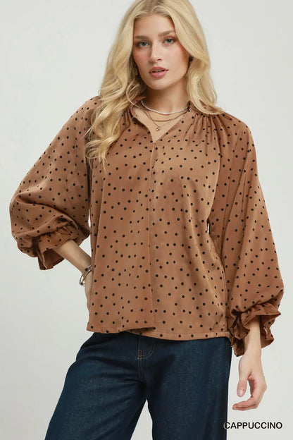 Umgee Cappuccino Polka Dot Tie Neck Blouse