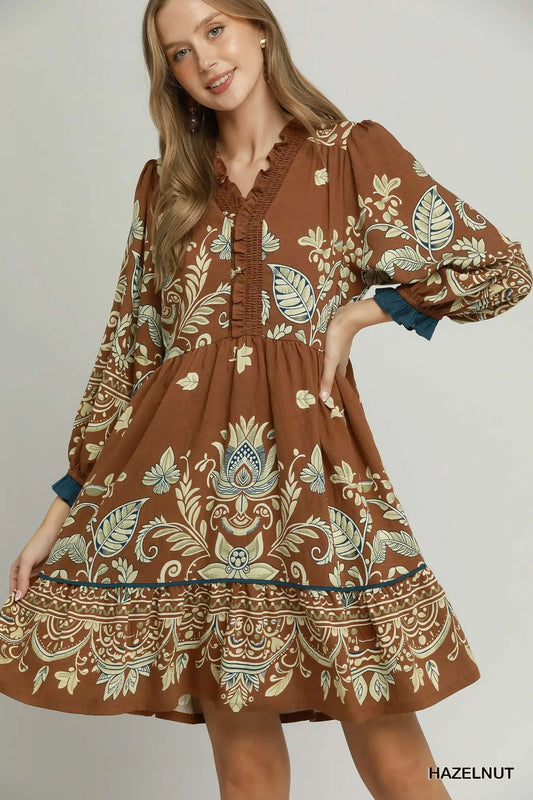Umgee Hazelnut Boho Border Print Ruffle Mini Dress