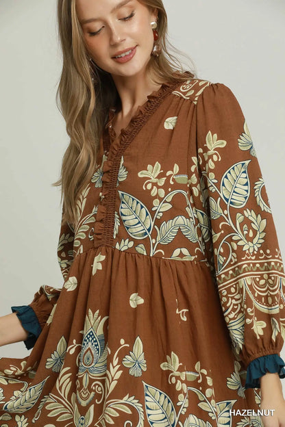 Umgee Hazelnut Boho Border Print Ruffle Mini Dress