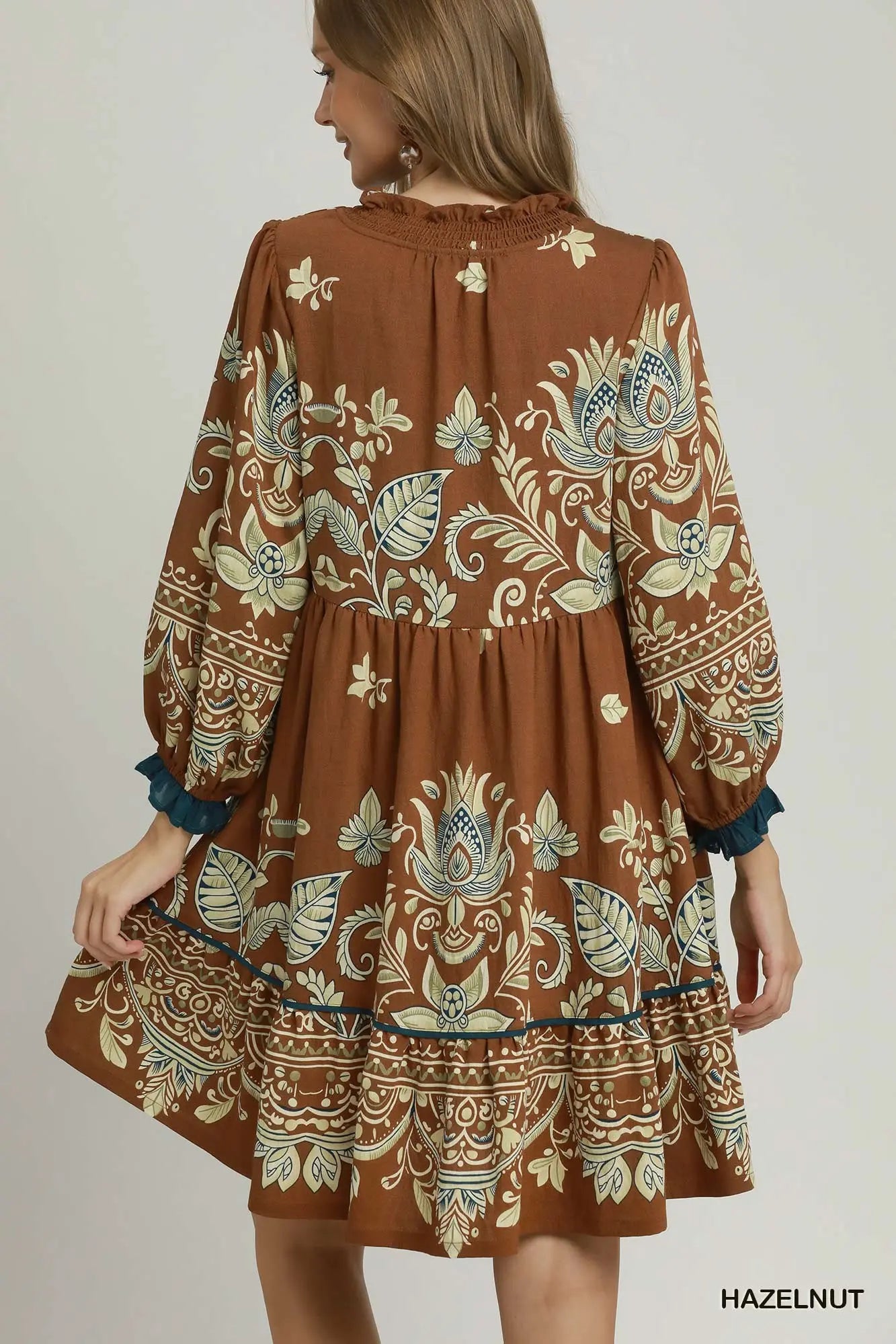 Umgee Hazelnut Boho Border Print Ruffle Mini Dress