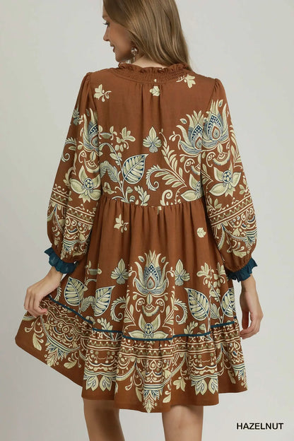 Umgee Hazelnut Boho Border Print Ruffle Mini Dress