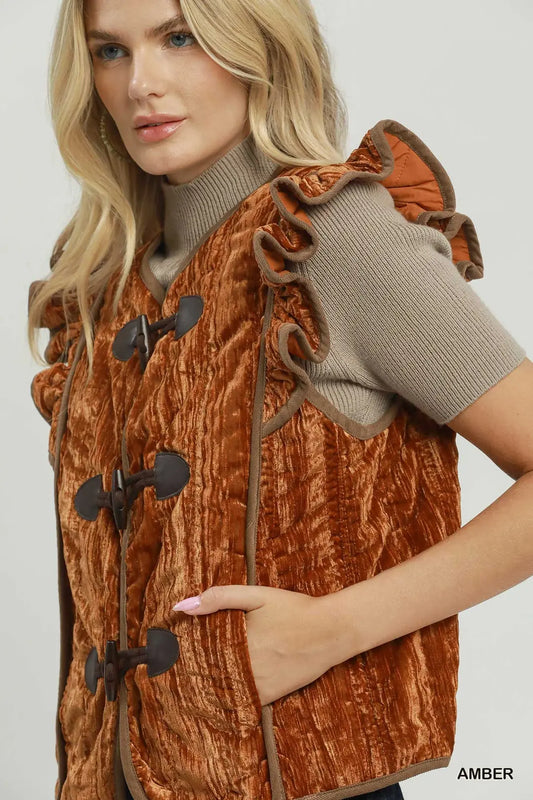 Umgee Amber Velvet Ruffle Toggle Vest